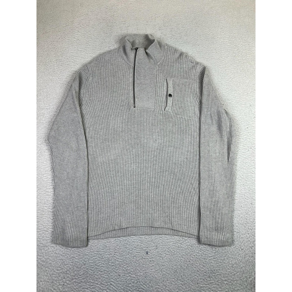 RW&CO Mens Large Gray 1/4 Zip Mock Neck Ribbed Knit Cotton Pullover Sweater